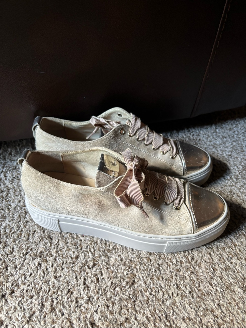 Agl Beige Suede Sneakers with Metallic Toe Cap